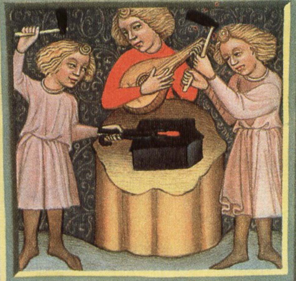 Lighting display pipa player and two men playing anvil as percussion instruments.